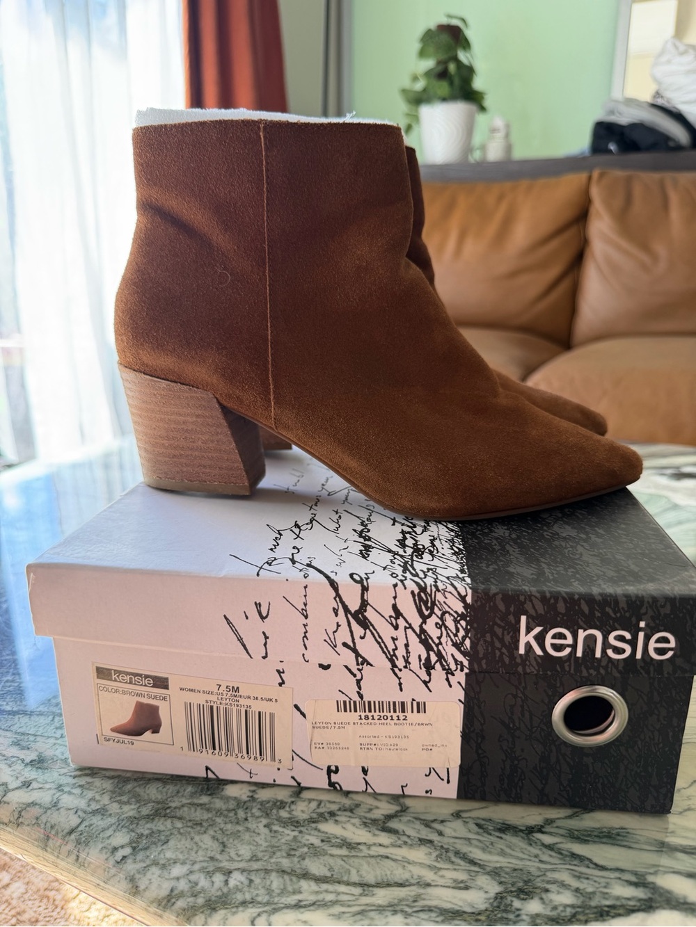 Kensie Cognac Suede Block-Heel Ankle Booties